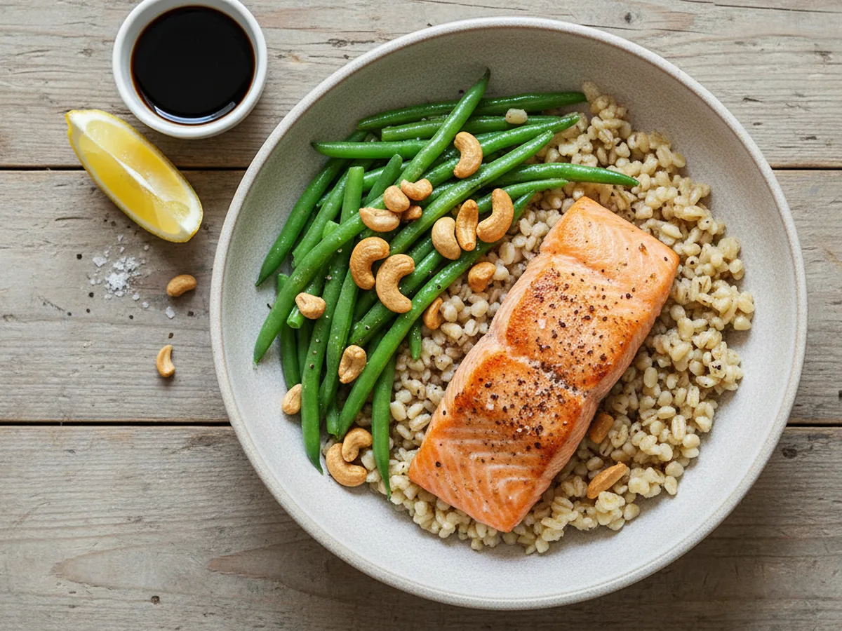 Salmon pearl barley bowl